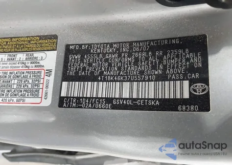 2007 Toyota Camry Se V6 z USA, uszkodzony, nr VIN 4T1BK46K37U557910